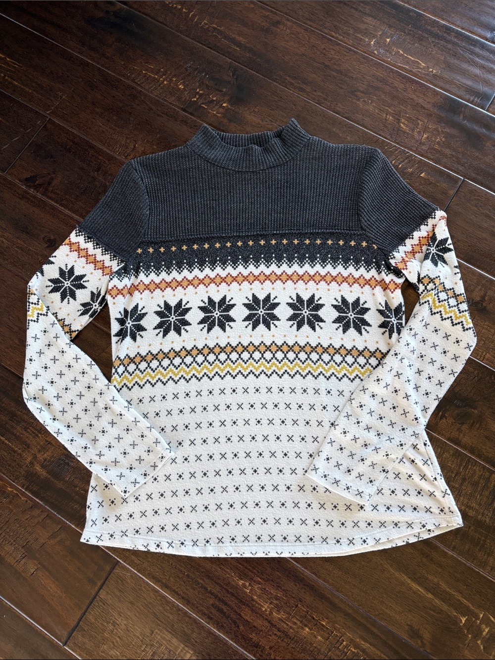 Maurices Gray and Cream Fair Isle Mock Neck Sweater with Yellow and Rust Accents